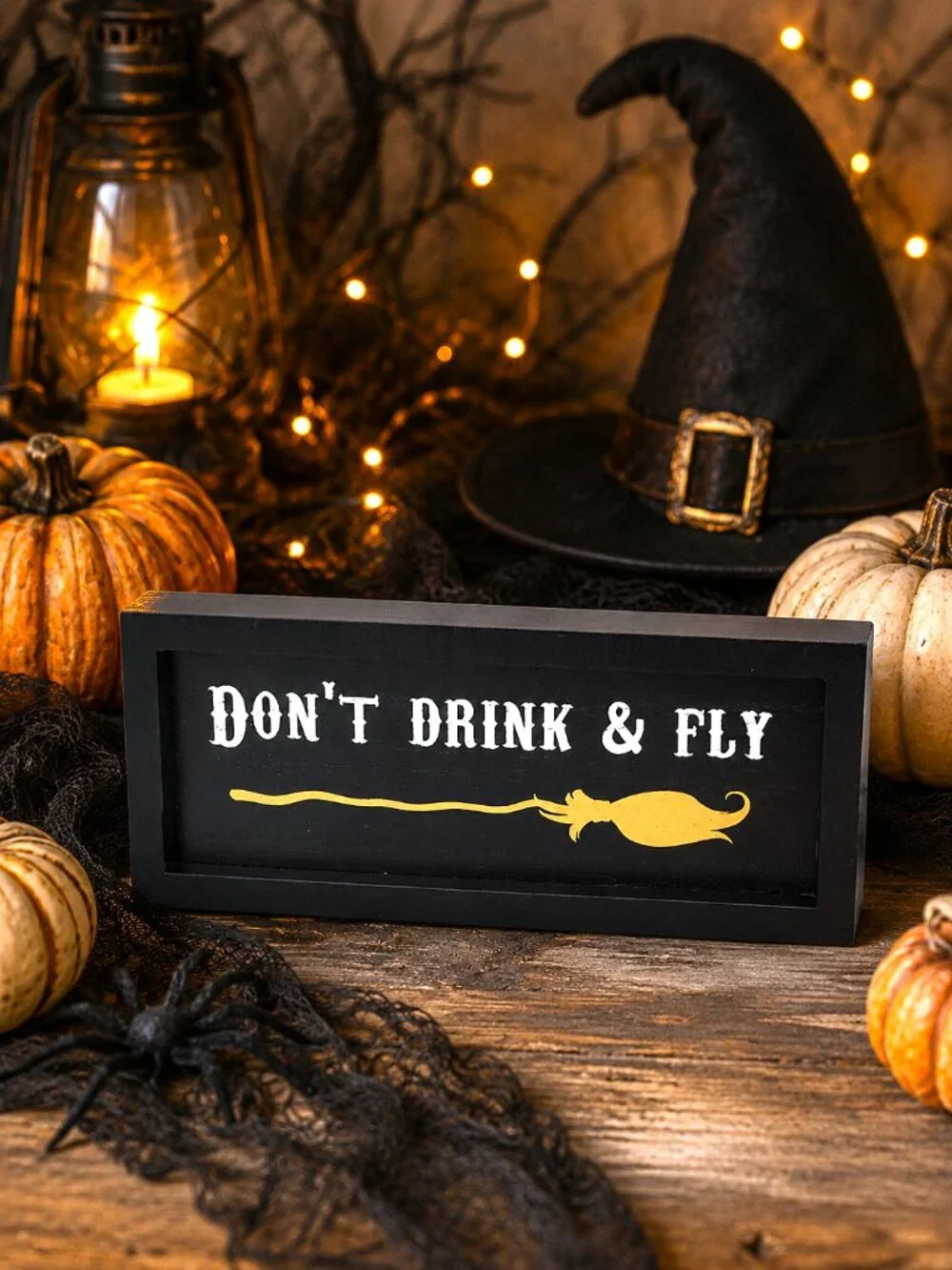 Halloween Don’t Drink & Fly Witch Broom Framed Wood Sign Home Decor Humor NWT